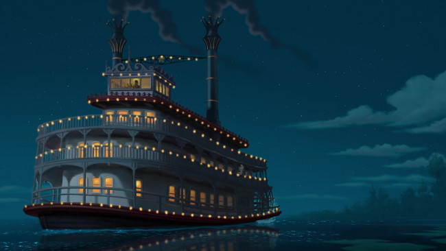 Обои картинки фото корабли, рисованные, корабль, водоем, деревья, облака