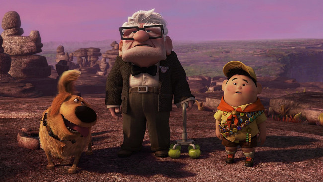 Обои картинки фото мультфильмы, up, бейсболка, значки, камни, дедушка, собака, мальчик