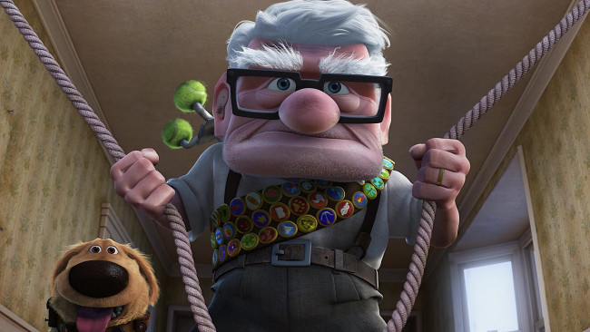 Обои картинки фото мультфильмы, up, дедушка, собака, значки, очки, веревка, мужчина