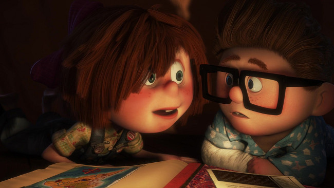 Обои картинки фото мультфильмы, up, девочка, очки, мальчик, книга, ребенок