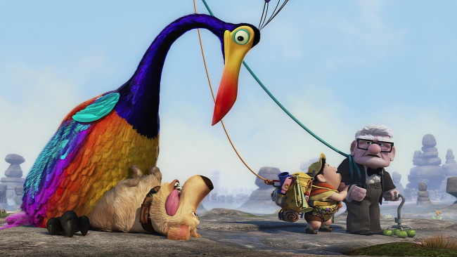 Обои картинки фото мультфильмы, up, камни, дедушка, мальчик, птица, собака