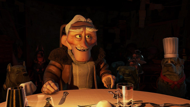 Обои картинки фото мультфильмы, up, вилка, стакан, колпак, собака, дедушка, мужчина