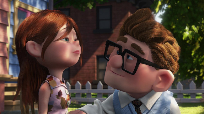 Обои картинки фото мультфильмы, up, женщина, мужчина, очки, грусть, забор