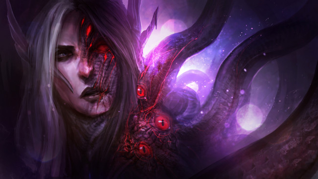 Обои картинки фото фэнтези, существа, взгляд, фон, девушка, существо