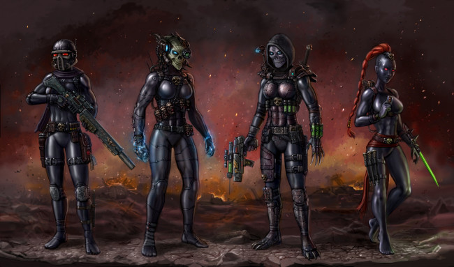 Обои картинки фото фэнтези, существа, оружие, униформа, взгляд, фон, девушки