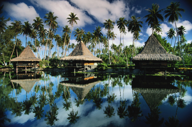 Обои картинки фото природа, тропики, озеро, пальмы, дома, небо, облака