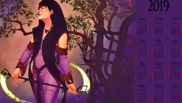 Картинка календари фэнтези оружие дерево природа девушка 2019 женщина calendar