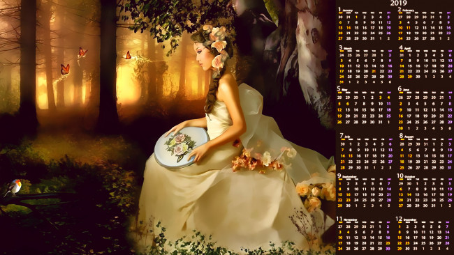 Обои картинки фото календари, фэнтези, calendar, природа, птица, лес, цветы, девушка, 2019