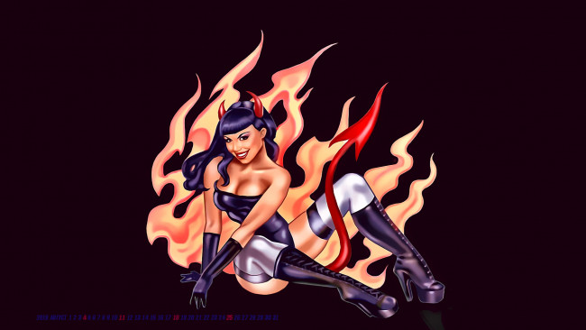 Обои картинки фото календари, фэнтези, девушка, пламя, рога, улыбка, 2019, calendar, существо, женщина, хвост