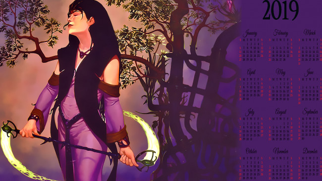 Обои картинки фото календари, фэнтези, оружие, дерево, природа, девушка, 2019, женщина, calendar