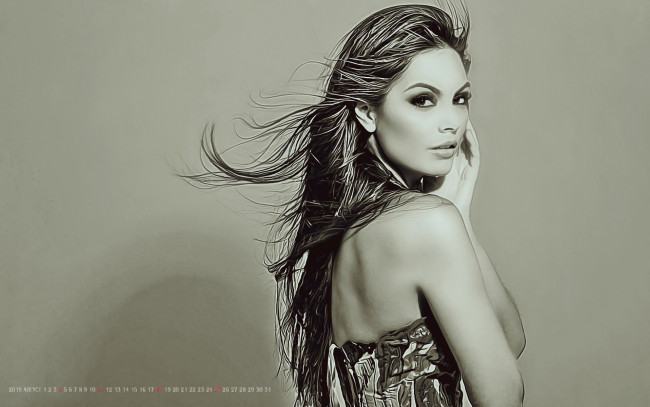 Обои картинки фото календари, компьютерный дизайн, девушка, взгляд, ветер, женщина, calendar, 2019