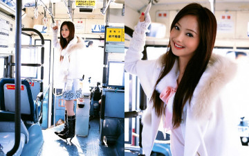 Картинка девушки nozomi+sasaki шатенка шуба юбка сапоги автобус