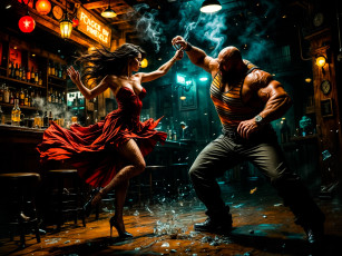 Картинка рисованное люди женщина мужчина танец осколки бар бутылки дым