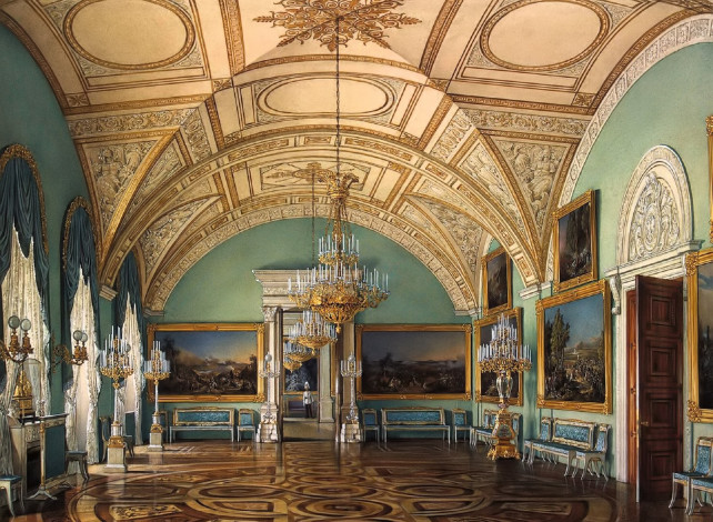 Обои картинки фото рисованное, эдуард гау, интерьер, комната, дворец, зал, люстра, свод, лепнина, картины, паркет, стулья