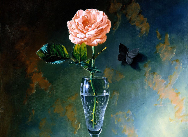Обои картинки фото рисованное, алексей антонов, роза, бабочка, вода, ваза