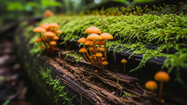 Обои картинки фото природа, грибы, дерево, мох, боке, растительность, красота