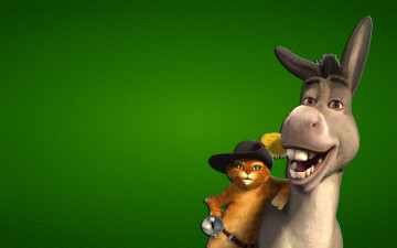 обоя шрек, мультфильмы, shrek, осел, кот, в, сапогах, зеленый