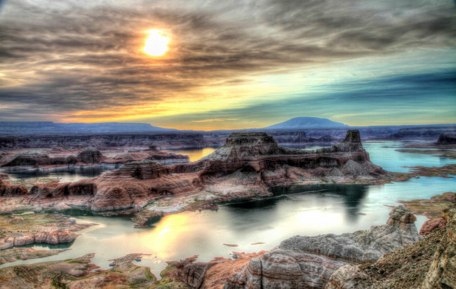 Обои картинки фото природа, побережье, фьорды, скалы, море, тучи, солнце