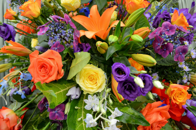 Обои картинки фото цветы, букеты, композиции, розы, гортензия, эустома, лилии