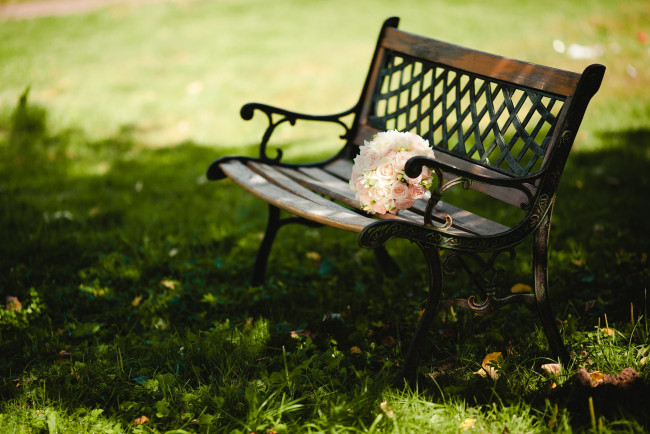 Обои картинки фото цветы, букеты, композиции, газон, букет, скамейка