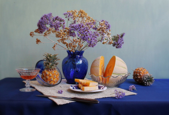 Обои картинки фото еда, натюрморт, букет, ананас, дыня