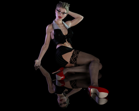 Обои картинки фото 3д графика, фантазия , fantasy, туфли, жилет, юбка, чулки, очки, фон, взгляд, отражение, девушка