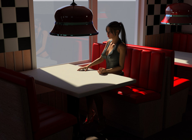 Обои картинки фото 3д графика, люди , people, стол, фон, взгляд, девушка