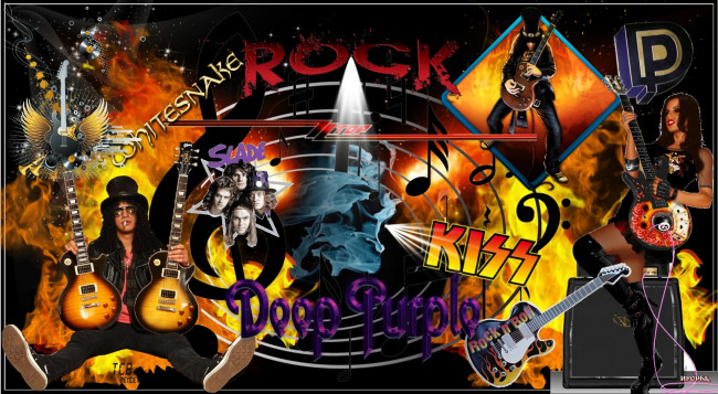 Обои картинки фото музыка, - другое, гитаристы, девушка, слэш, музыканты, группы, названия, надписи, рок, коллаж