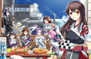 Картинка аниме kantai+collection девушки взгляд фон