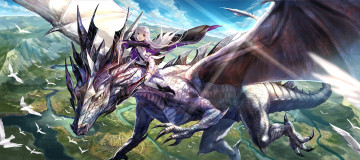 Картинка аниме животные +существа небо sakimori kagami пейзаж горы fuji choko арт девушка kenja no deshi wo nanoru дракон птицы облака