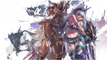 Картинка аниме оружие +техника +технологии чулки меч ёкай monster hunter две мех art game перчатки aoinhatsu рога полуголые ремни щит