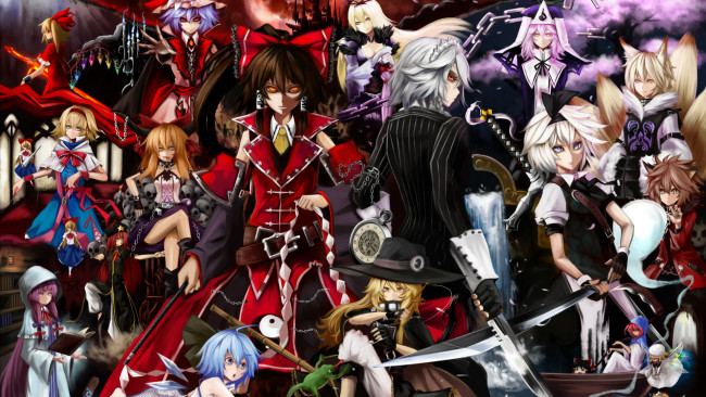 Обои картинки фото аниме, touhou, девушки, взгляд, фон