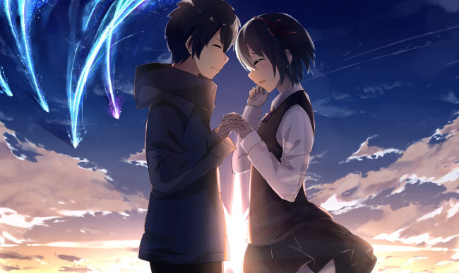 Обои картинки фото аниме, kimi no na wa, фон, взгляд, девушка, парень