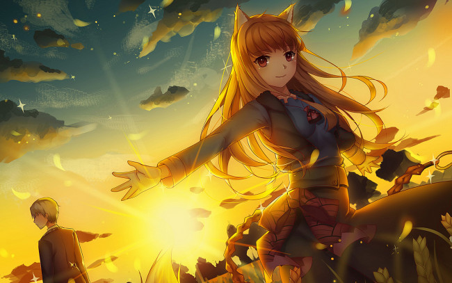 Обои картинки фото аниме, spice and wolf, фон, взгляд, девушка