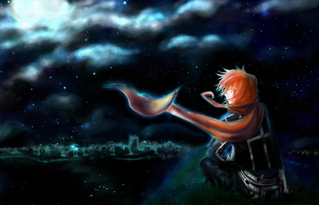 Обои картинки фото аниме,  gray-man, экзорцист, lavi, шарф, город, ночь, парень