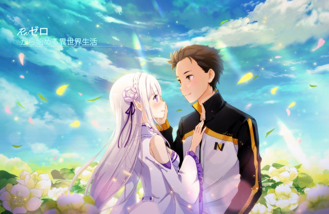 Обои картинки фото аниме, re,  zero kara hajimeru isekai seikatsu, девушка, взгляд, фон, парень