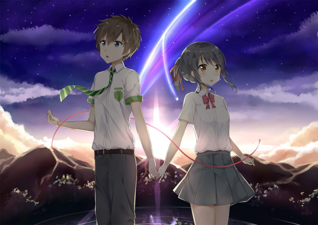 Обои картинки фото аниме, kimi no na wa, фон, взгляд, девушка