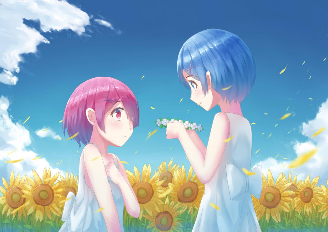 Обои картинки фото аниме, re,  zero kara hajimeru isekai seikatsu, девушки, взгляд, фон