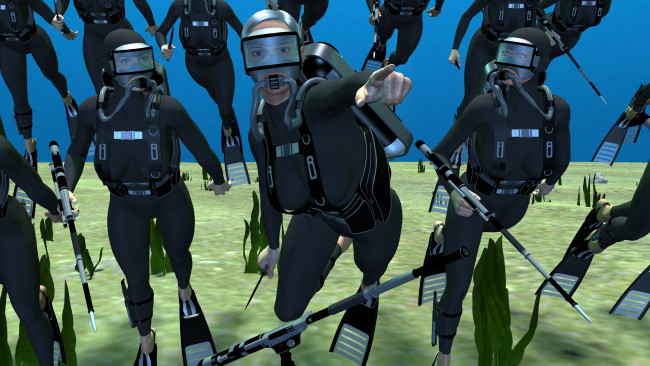 Обои картинки фото 3д графика, фантазия , fantasy, взгляд, море, фон, оружие, девушки