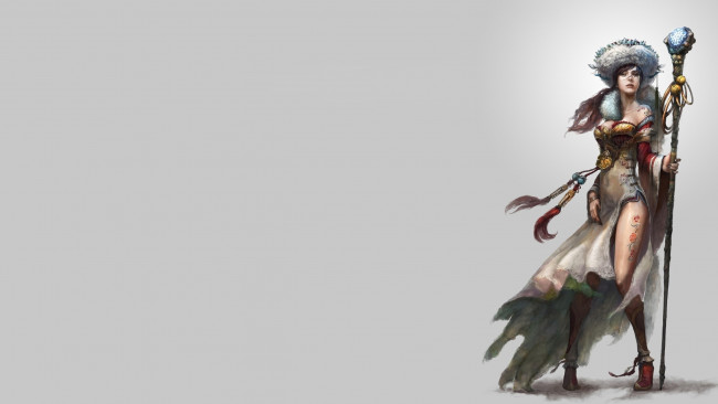 Обои картинки фото фэнтези, девушки, шапка, посох