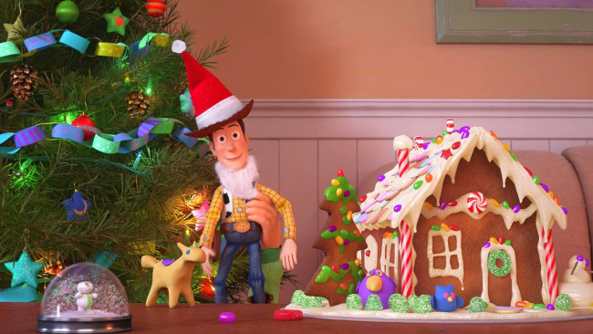 Обои картинки фото мультфильмы, toy story that time forgot, игрушка, елка, шапка, дом