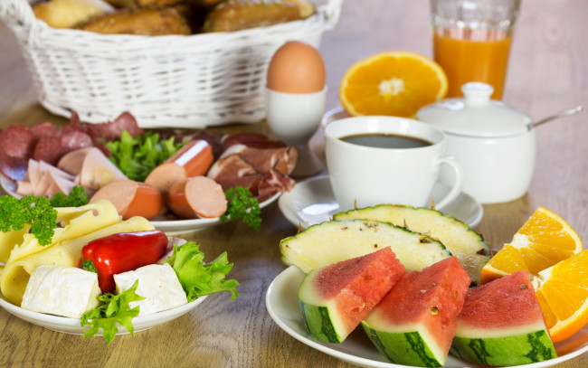 Обои картинки фото еда, разное, арбуз, апельсин, кофе, сыр, фрукты, колбаса, ананас, перец