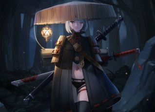 Картинка аниме оружие +техника +технологии ремень фонарь арт ночь япония девушка взгляд