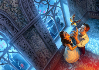 Картинка фэнтези люди витражи насекомое парень арт окна девушка