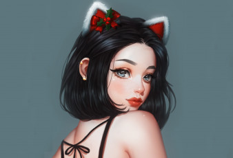 Картинка аниме животные +существа взгляд девушка лицо фон спина арт christmas ушки