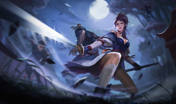 Картинка фэнтези девушки аниме бой луна оружие поза ночь девушка взгляд арт