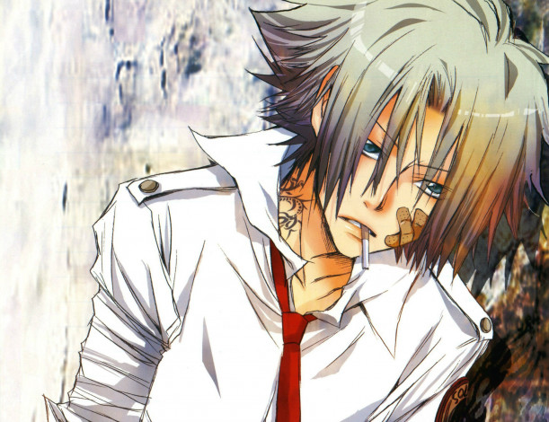 Обои картинки фото аниме, katekyo hitman reborn, сигарета, тату, взгляд, парень, галстук