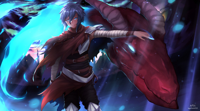 Обои картинки фото аниме, животные,  существа, дракон, парень