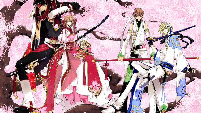 Обои картинки фото аниме, tsubasa reservoir chronicles, сакура, кимоно, девушка, парни, оружие