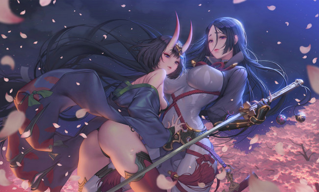 Обои картинки фото аниме, fate, stay night,  grand order,  apocrypha, меч, рога, девушки, сакура, grand, order